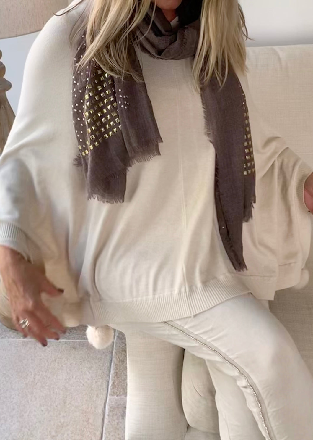Washed Studded Scarf in Brown - Feathers Of Italy 