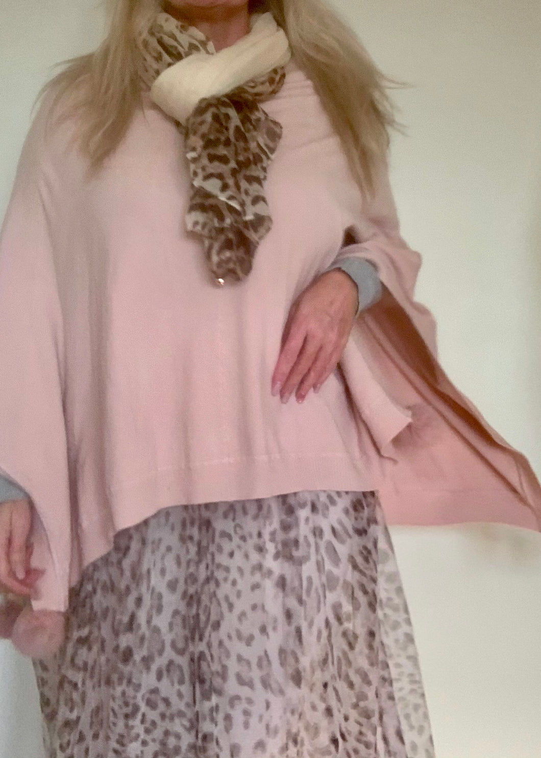 Mondial Poncho in Pink With Fur Pom Poms - Feathers Of Italy 