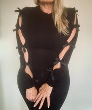 Load image into Gallery viewer, Bow Slit Peep Arm Jumper in Black - Tie Side Arm Slits 
