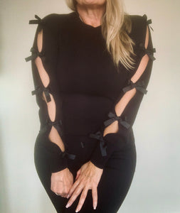 Bow Slit Peep Arm Jumper in Black - Tie Side Arm Slits 