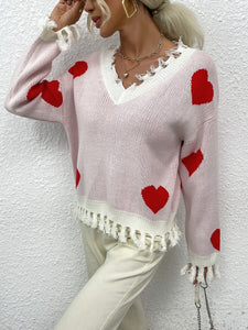 Pisa Heart Pattern Drop Shoulder Raw Hem Jumper