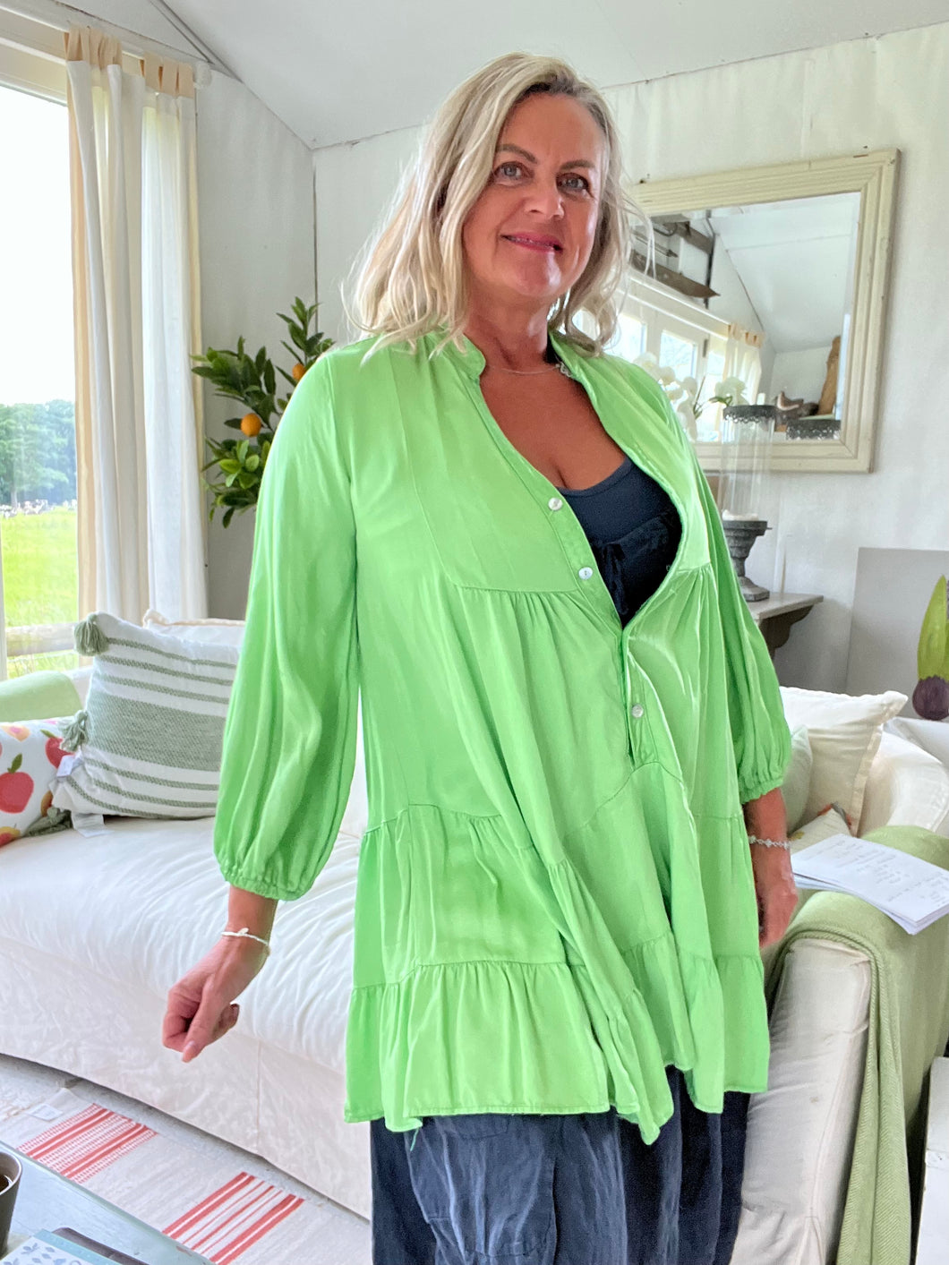 Milan Casual Satin Smock Dress - Green