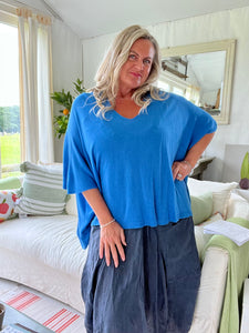 Sorrento Fine Knit Poncho - Cobalt Blue One Size Made In Italy by Feathers Of Italy