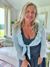 Load image into Gallery viewer, Silk Edged Tie Front Wrap in Powder Blue One Size Feathers Of Italy 
