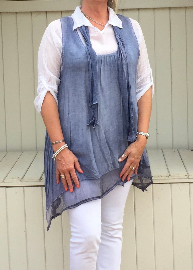 Julietta Layered Top in Vintage Blue - Feathers Of Italy 
