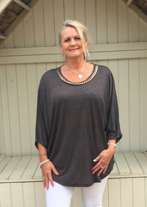 Latina Top With Chain Detail Neckline in Charcoal Made In Italy By Feathers Of Italy One Size - Feathers Of Italy 