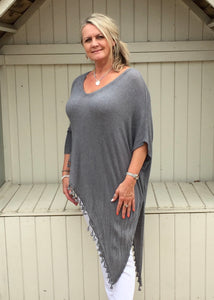 Side Detail Bobble Top Washed Grey - Feathers Of Italy 