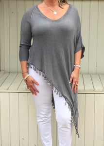 Side Detail Bobble Top Washed Grey - Feathers Of Italy 