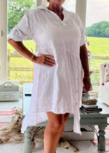 Load image into Gallery viewer, Romearno Linen Dress in White Pink or Blue Made In Italy By Feathers Of Italy
