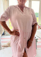 Load image into Gallery viewer, Romearno Linen Dress in White Pink or Blue Made In Italy By Feathers Of Italy
