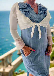 Amalfi Linen Ruffle Dress in Blue Made In Italy by Feathers Of Italy One Size