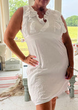 Load image into Gallery viewer, Amalfi Linen Ruffle Dress in White Made In Italy by Feathers Of Italy One Size

