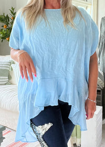 Rimini Silk Edge Oversized Top in Blue feathers of italy made in italy