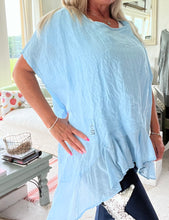 Load image into Gallery viewer, Rimini Silk Edge Oversized Top in Blue feathers of italy made in italy
