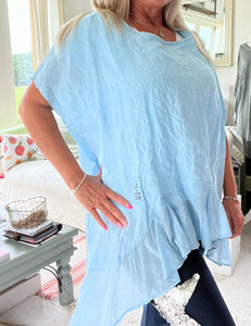 Rimini Silk Edge Oversized Top in Blue feathers of italy made in italy