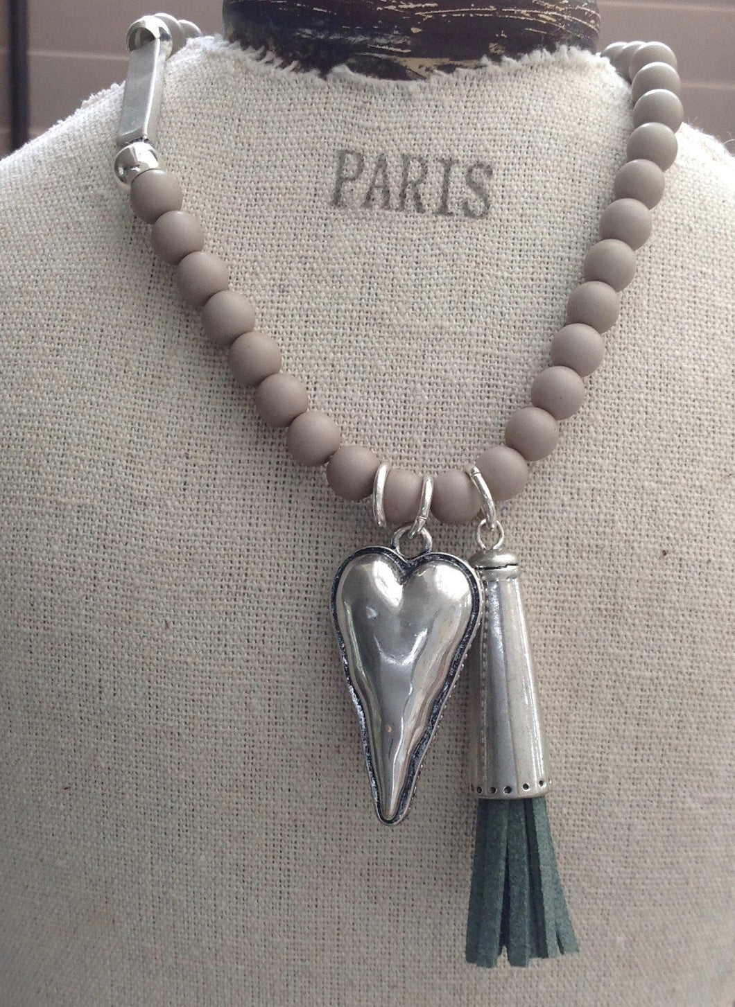 Heart, Tassel & Ball Necklace in Silver & Grey - Feathers Of Italy 