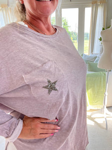 Positano Long Sleeved Cotton T Shirt with Diamanté Star Pocket Detail