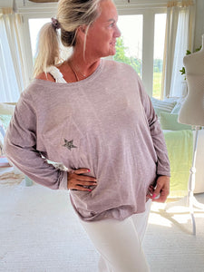 Positano Long Sleeved Cotton T Shirt with Diamanté Star Pocket Detail | Feathers Of Italy 