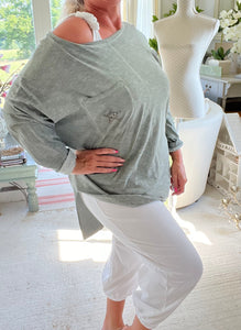 Positano Long Sleeved Cotton T Shirt with Diamanté Star Pocket Detail in Green