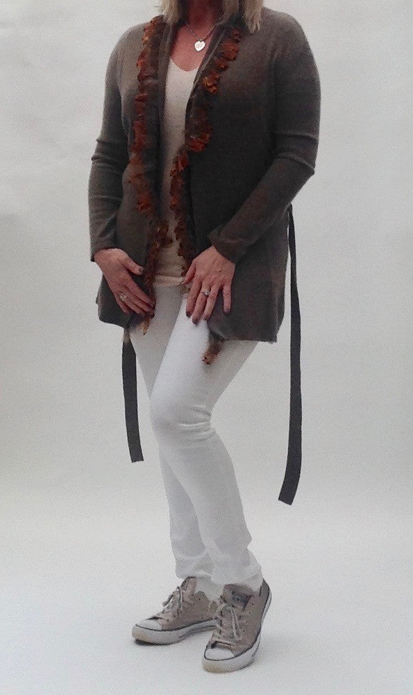 Luxury 100% Cashmere & Ostrich Feather Trim Coat in Olive One of a Kind By Feathers Of Italy - Feathers Of Italy 