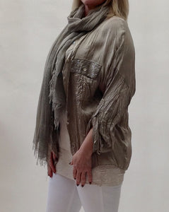 Milan Silk and Sequin Crinkle Silk Shirt in Mocha Made In Italy By Feathers Of Italy - Feathers Of Italy 