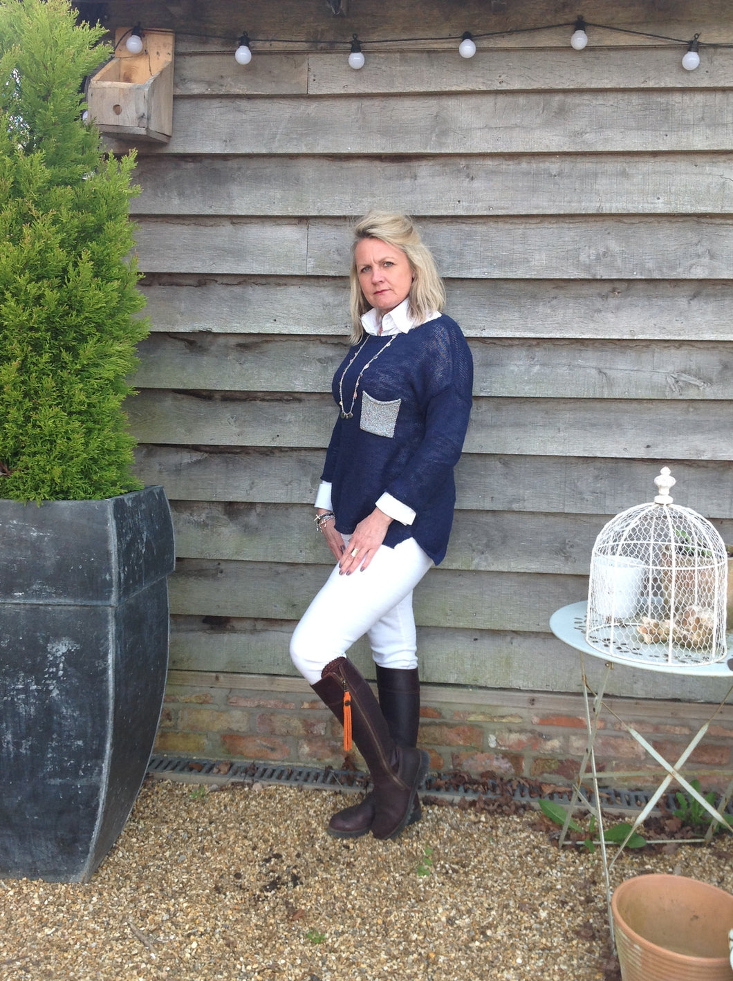 Ischia Patch Pocket Jumper in Navy - Feathers Of Italy 