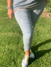 Load image into Gallery viewer, Amazing Woman Crinkle Jeans in ICE Blue with Draw String Waist With Rips and Diamonte Detail One Size Feathers Of Italy

