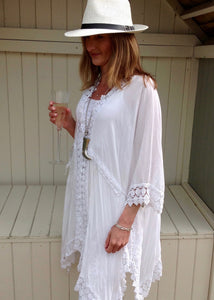 Sienna Lace Cotton Kimono in White Made In Italy By Feathers Of Italy One Size - Feathers Of Italy 