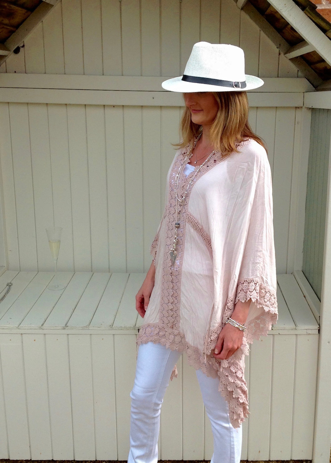 Sienna Lace Cotton Kimono in Pink Made In Italy By Feathers Of Italy One Size - Feathers Of Italy 