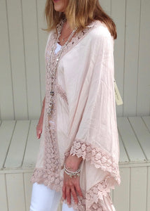 Sienna Lace Cotton Kimono in Pink Made In Italy By Feathers Of Italy One Size - Feathers Of Italy 