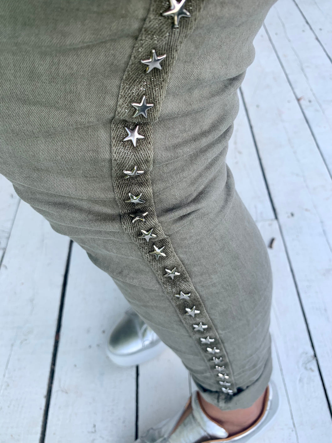 Amazing Woman Crinkle Jeans in Khaki with Draw String Waist With Silver Star Stud Side Detail One Size