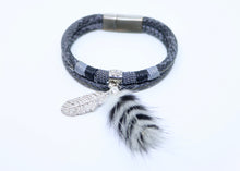 Load image into Gallery viewer, Grey Snake Print Silver Feather and Fur Pom Pom Tassel Double Wrap Bracelet - by Feathers Of Italy - Feathers Of Italy 
