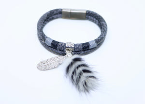 Grey Snake Print Silver Feather and Fur Pom Pom Tassel Double Wrap Bracelet - by Feathers Of Italy - Feathers Of Italy 