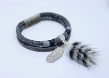 Load image into Gallery viewer, Grey Snake Print Silver Feather and Fur Pom Pom Tassel Double Wrap Bracelet - by Feathers Of Italy - Feathers Of Italy 
