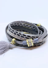 Load image into Gallery viewer, Snake Print and Diamond Double Wrap Bracelet in Grey With a Cotton Tassel by Feathers Of Italy - Feathers Of Italy 
