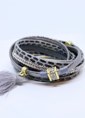 Snake Print and Diamond Double Wrap Bracelet in Grey With a Cotton Tassel by Feathers Of Italy - Feathers Of Italy 