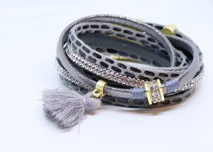 Snake Print and Diamond Double Wrap Bracelet in Grey With a Cotton Tassel by Feathers Of Italy - Feathers Of Italy 