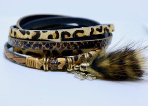 Leopard Print & Lucky Charm Double Wrap Bracelet in Caramels With Real Fur Tassel by Feathers Of Italy - Feathers Of Italy 