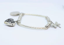 Load image into Gallery viewer, Limited Edition Silver Coloured Patterned Heart, Coin and Dragonfly Bracelet - By Feathers Of Italy - Feathers Of Italy 
