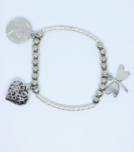 Load image into Gallery viewer, Limited Edition Silver Coloured Patterned Heart, Coin and Dragonfly Bracelet - By Feathers Of Italy - Feathers Of Italy 
