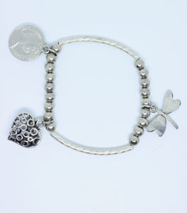Limited Edition Silver Coloured Patterned Heart, Coin and Dragonfly Bracelet - By Feathers Of Italy - Feathers Of Italy 