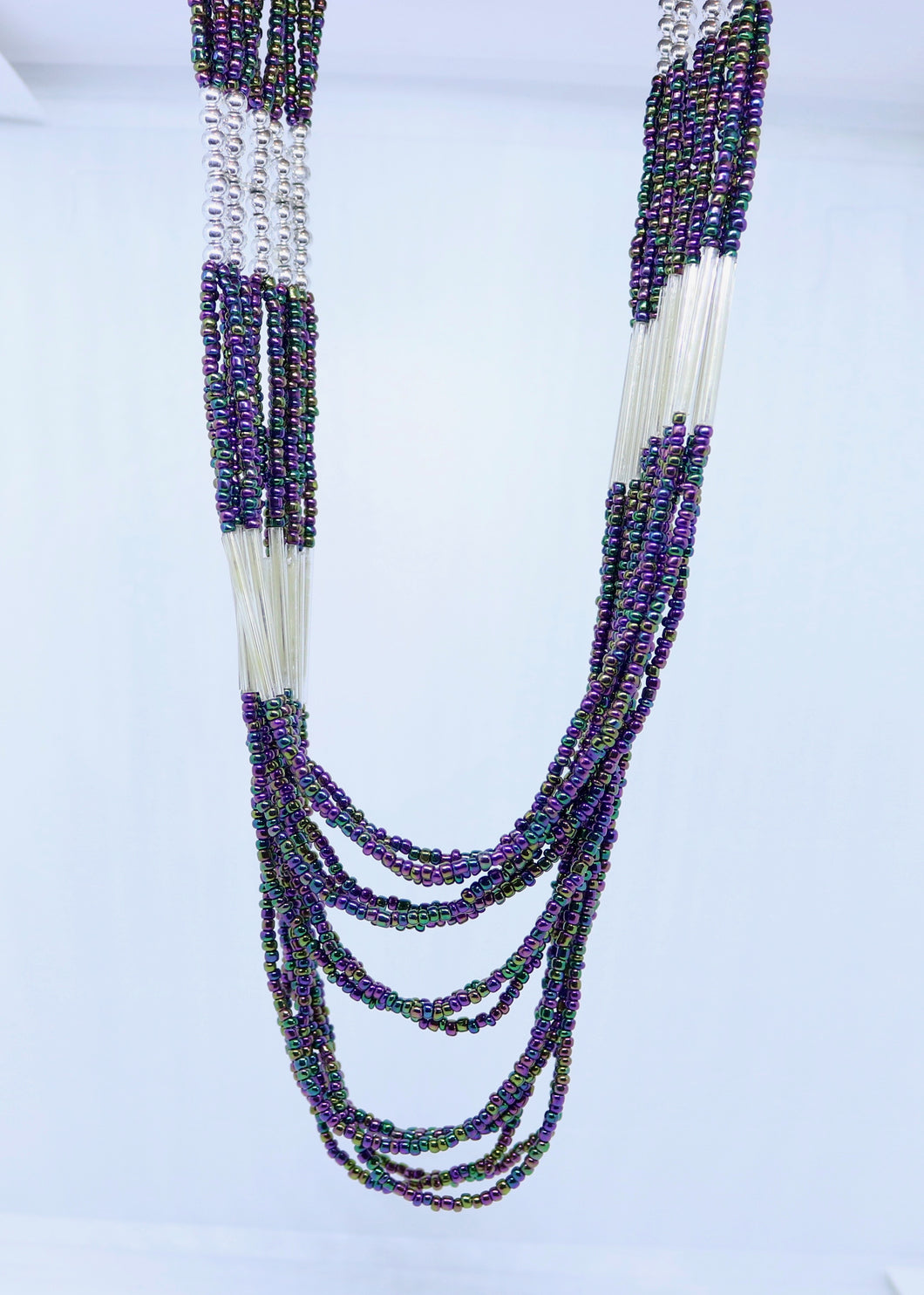 Silver and Multi Coloured Purple and Blue Mix Bead Necklace - by Feathers Of Italy - Feathers Of Italy 