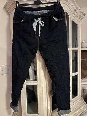 Amazing Woman Crinkle Jeans in Denim with Draw String Waist | Feathers Of Italy 