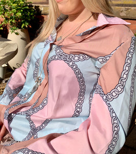 Polignano Ladies Chain Print Silky Shirt With Collar Long Sleeved in Pink and Blue - Feathers Of Italy 