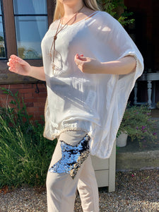 Vintage Silk Top in Vanilla With Embroidered Edge Detail With Under Top Cami - Feathers Of Italy 