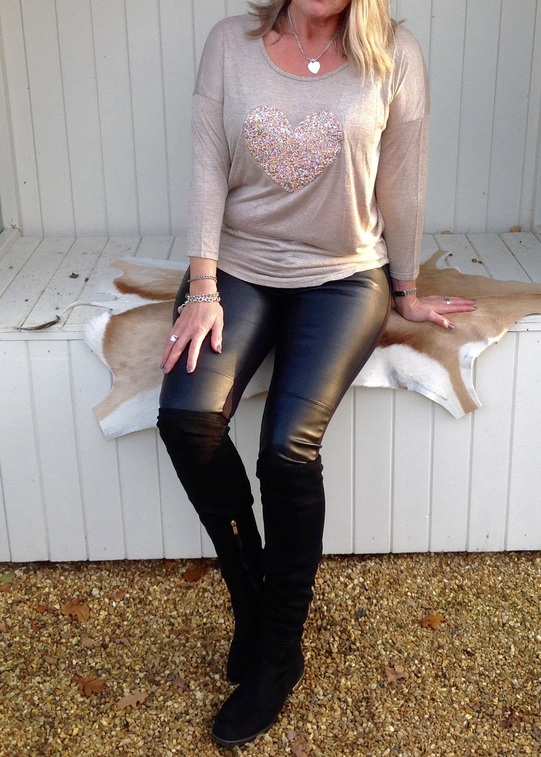 Sequin Heart T Shirt Top in Champagne Made In Italy By Feathers Of Italy One Size - Feathers Of Italy 