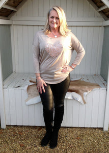 Sequin Heart T Shirt Top in Champagne Made In Italy By Feathers Of Italy One Size - Feathers Of Italy 