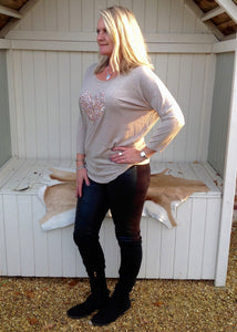 Sequin Heart T Shirt Top in Champagne Made In Italy By Feathers Of Italy One Size - Feathers Of Italy 