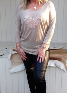Sequin Heart T Shirt Top in Champagne Made In Italy By Feathers Of Italy One Size - Feathers Of Italy 