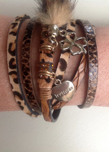 Leopard Print & Lucky Charm Double Wrap Bracelet in Caramels With Real Fur Tassel by Feathers Of Italy - Feathers Of Italy 